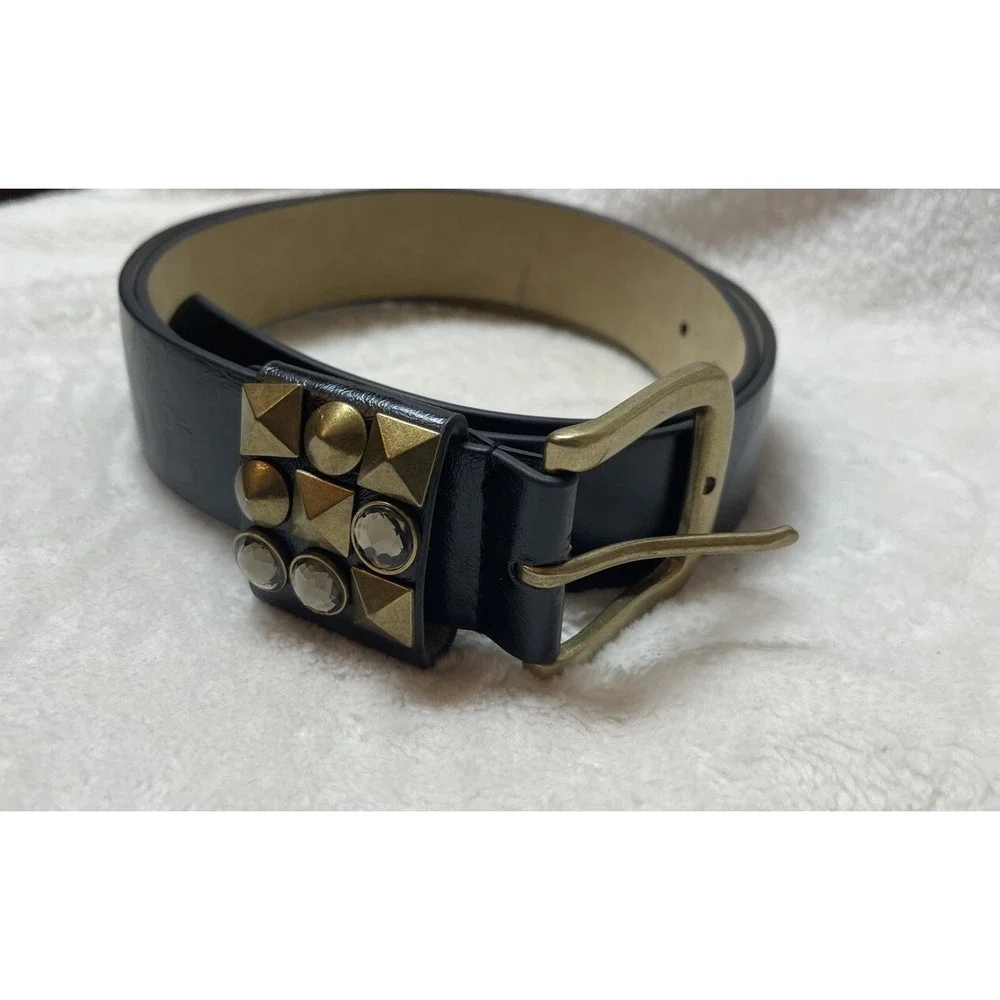 Betsey Johnson Black Faux Leather Studded Rhinestone Waist Belt Size L BB2010
